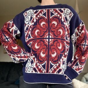 Vintage Geometric Sweater Mens XL Navy Rust Cream Slouchy Knit Sweatshirt